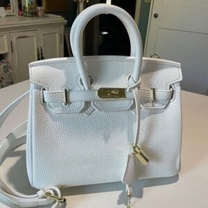 Inspired B 25 style white purse - crossbody strap, gold hardware padlock and key